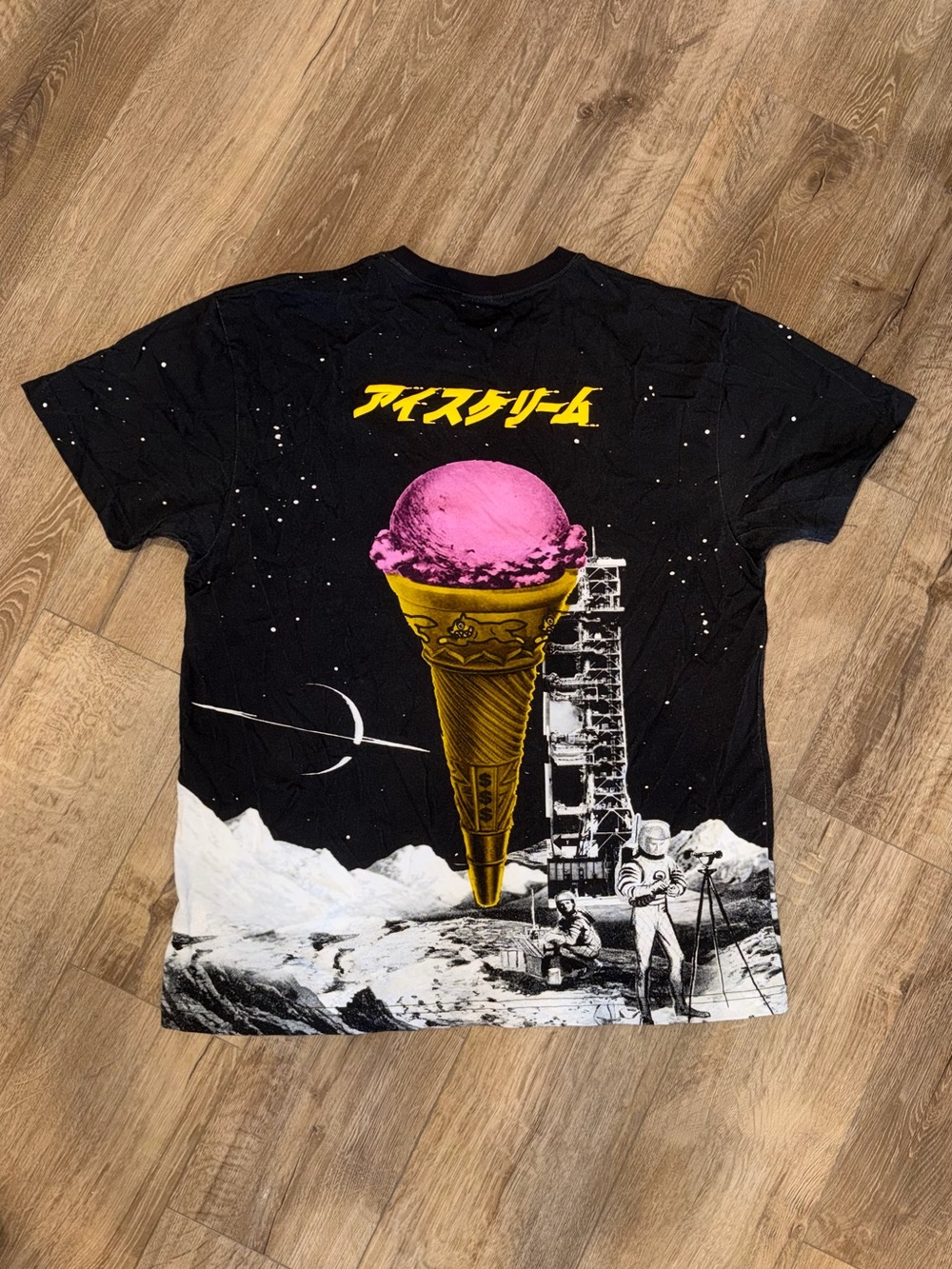Ice Cream Interstellar Space bbc Graphic Tee - Black with Pink & Gold Cone